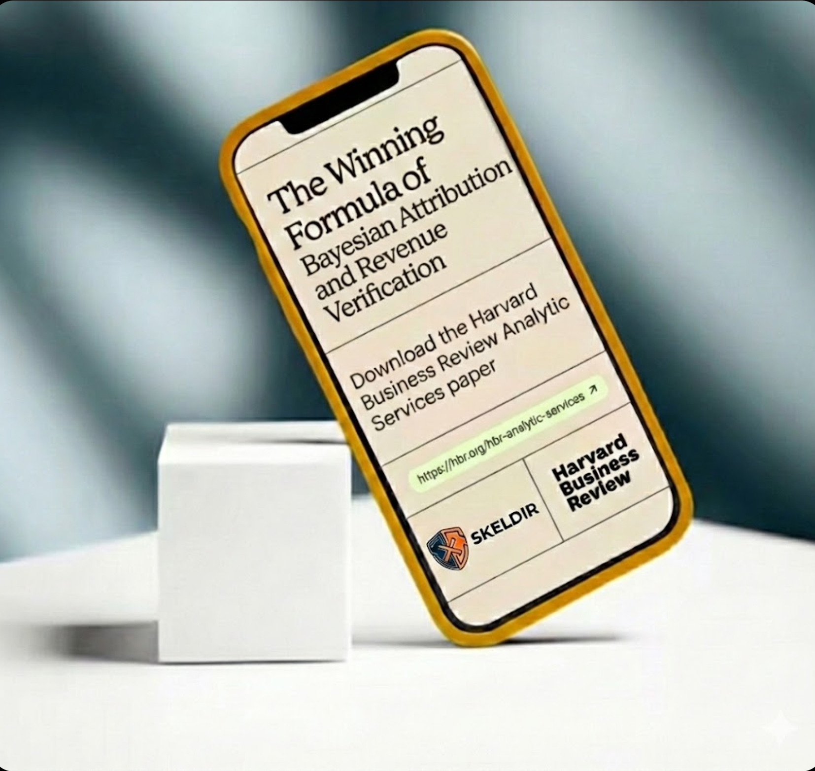 Skeldir white-label attribution dashboard on mobile device with Harvard Business Review partnership