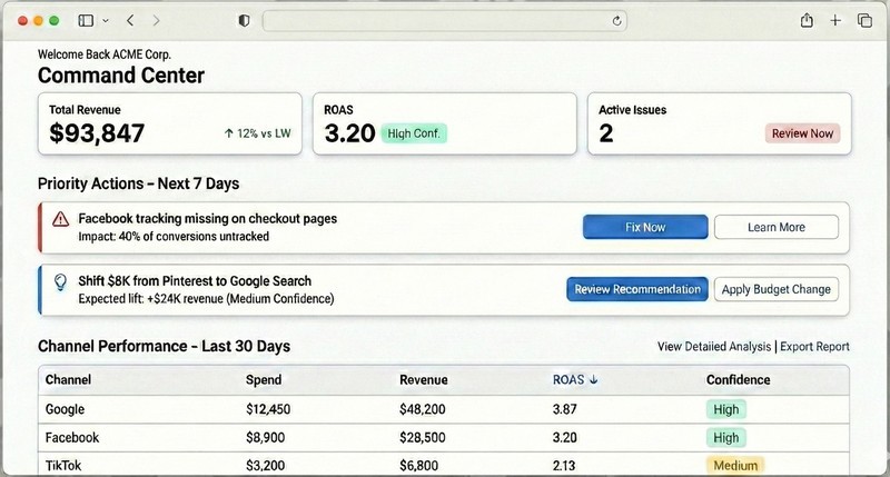 Command Center — Skeldir agency dashboard with revenue, ROAS, priority actions, and channel performance